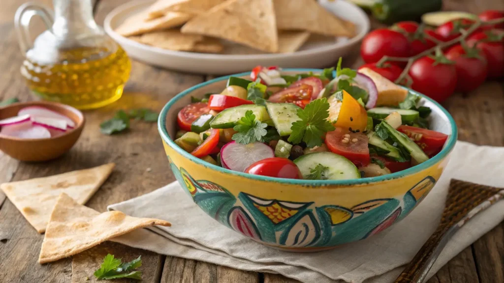 Fattoush salad with fresh vegetables, herbs, and crispy pita chips, served with a tangy dressing, perfect for Ramadan Iftar.