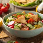 A refreshing fattoush salad with fresh vegetables, crispy pita chips, and a tangy dressing, perfect for a healthy and delicious Ramadan Iftar.