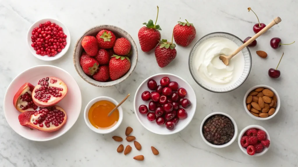 Essential ingredients for a redfruit smoothie: strawberries, raspberries, pomegranate seeds, and Greek yogurt, ready to blend for a nutritious, tasty drink.