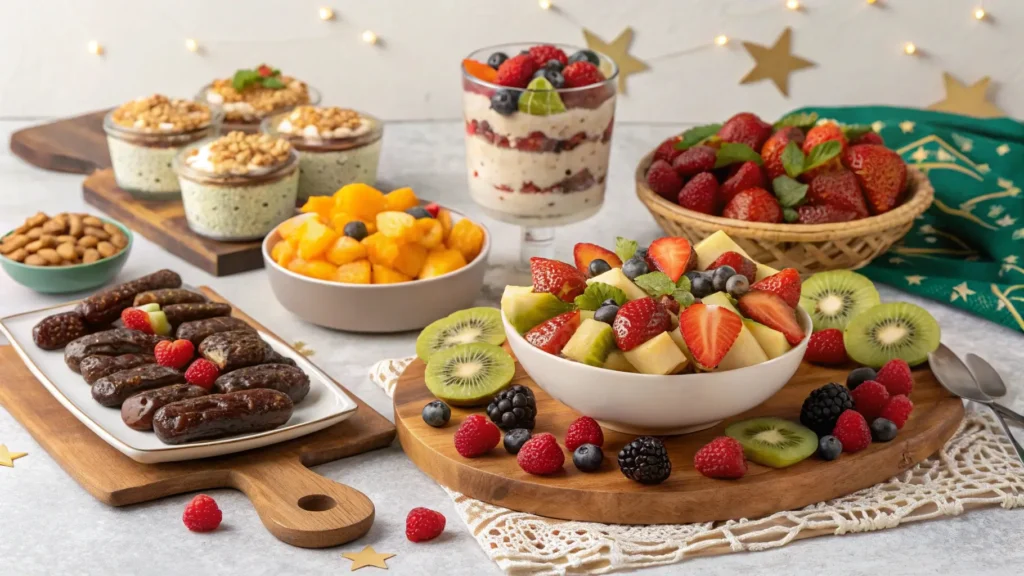 A collection of healthy desserts for iftar, including fruit salads, date-filled treats, and protein-packed desserts, ideal for Ramadan meals.