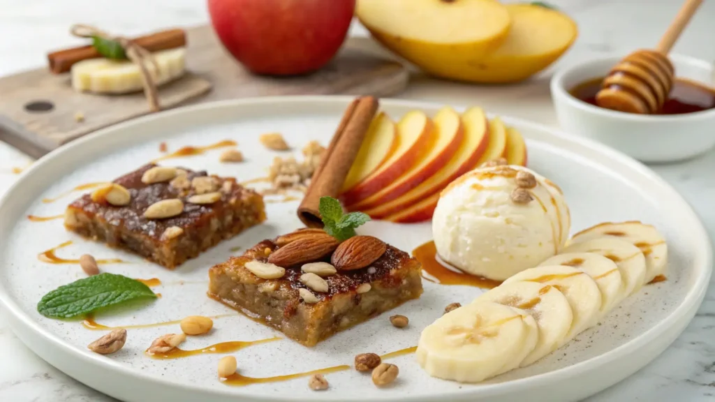 Naturally sweetened desserts for iftar, including date and almond bars, apple cinnamon baked slices, and banana nice cream with honey drizzle.