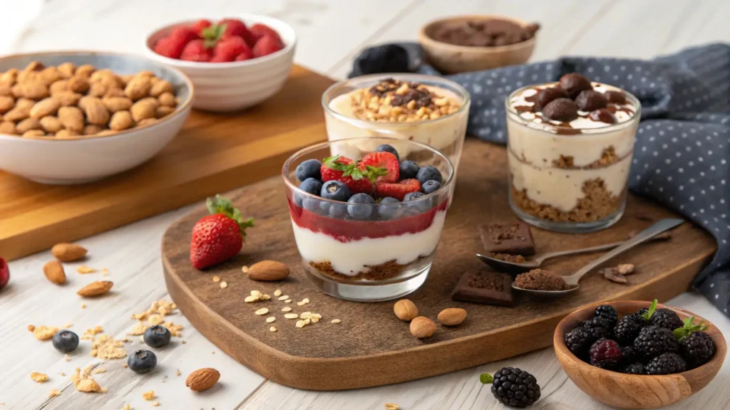 Protein-packed healthy desserts for iftar, including Greek yogurt parfaits, peanut butter protein balls, and tofu pudding, perfect for post-fasting energy.