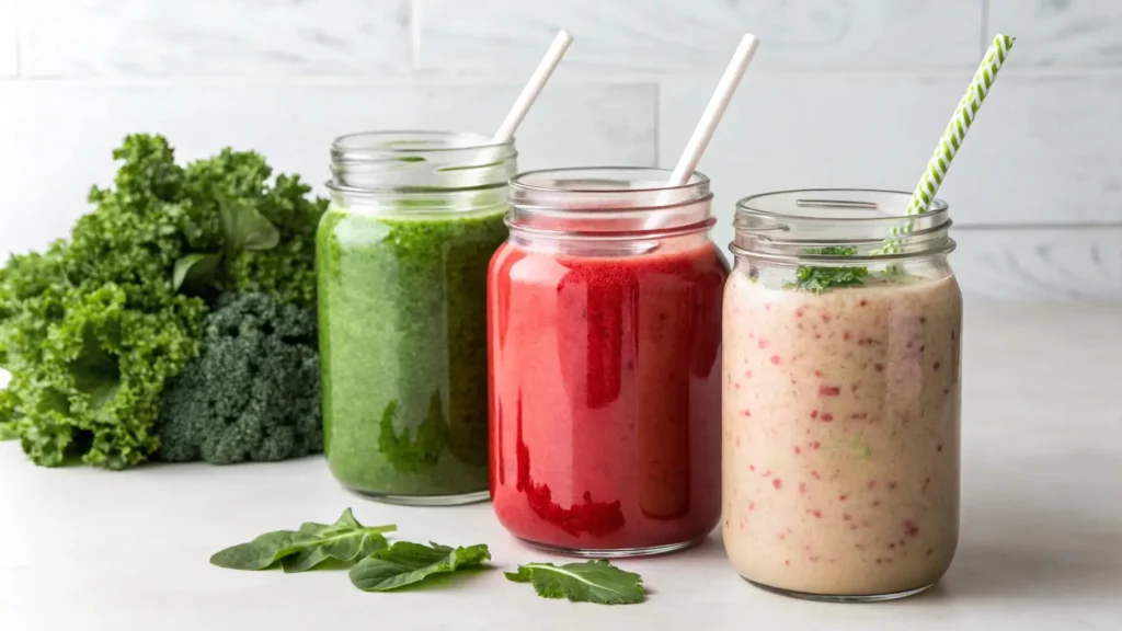 Three redfruit smoothie variations, including protein-packed, dairy-free, and green infusion options, offering versatile and healthy drink choices.