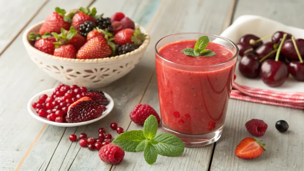 A healthy redfruit smoothie with fresh strawberries, raspberries, and cherries, highlighting the antioxidant-packed benefits for heart health and immunity.