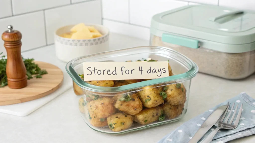  Leftover crispy garlic butter parmesan potatoes stored in an airtight container labeled “Stored for 4 Days.”