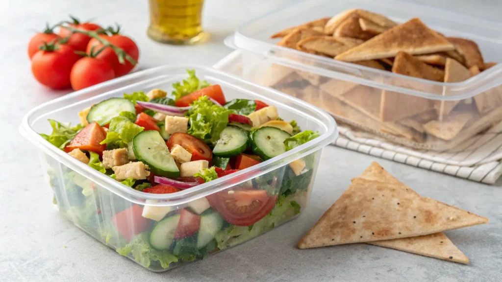  Leftover fattoush salad with fresh vegetables stored in an airtight container to keep it fresh for later.