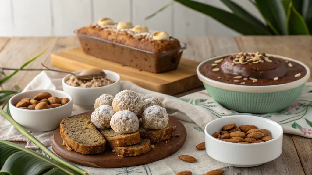 Vegan healthy desserts for iftar, including coconut almond truffles, banana bread, and chocolate avocado pudding, made with plant-based ingredients.