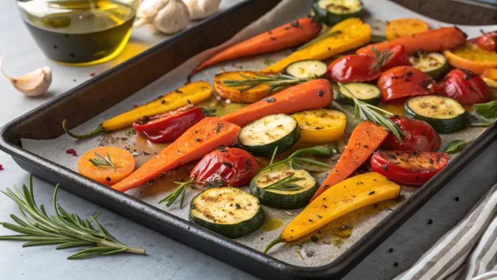 Colorful roasted vegetables including zucchini, bell peppers, and carrots, drizzled with olive oil and herbs for a flavorful addition to meals.