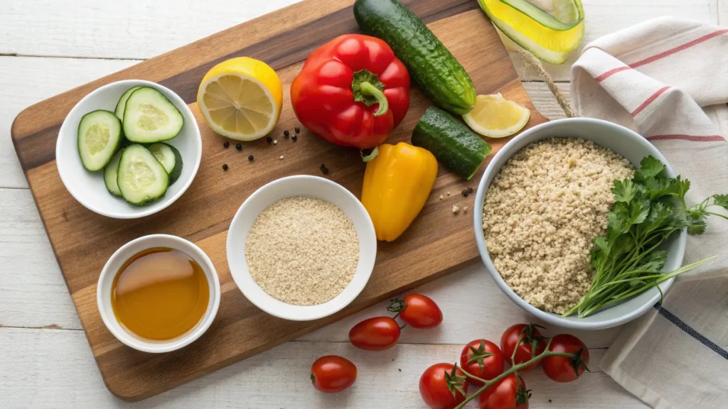 Fresh ingredients for quinoa salad, including quinoa, vegetables, lemon, and tahini, arranged on a wooden surface ready for preparation.