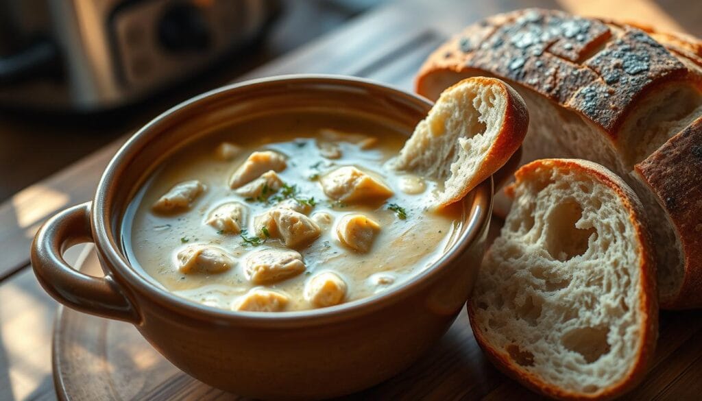 Crock Pot Creamy Chicken Parmesan Soup with bread Crock Pot Creamy Chicken Parmesan Soup with bread