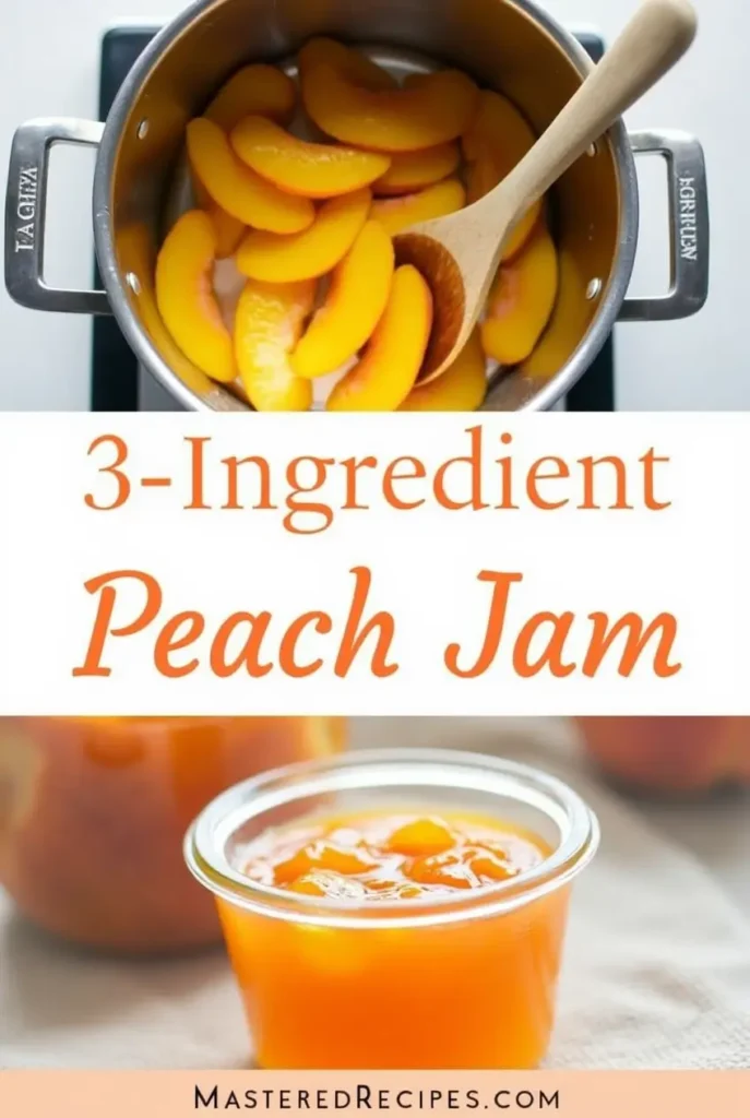 A cozy kitchen scene showing 3-ingredient peach jam being prepared and jarred, highlighting the simplicity of peach jam no pectin and homemade peach recipes.
