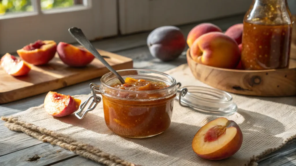 3-Ingredient Nectarine Jam in a jar with fresh nectarines