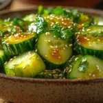 Finished Asian cucumber salad with vibrant cucumbers, sesame oil, soy sauce, and a sprinkle of sesame seeds. A fresh and flavorful summer dish.