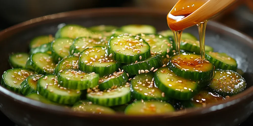 Preparing easy Asian cucumber salad with fresh cucumbers, sesame oil, and soy sauce. A light and flavorful side dish for summer meals