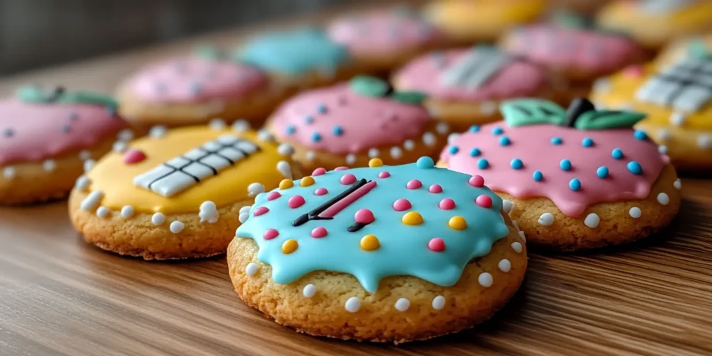 Decorating sugar cookies for back to school with colorful royal icing and school-themed designs like apples, pencils, and books