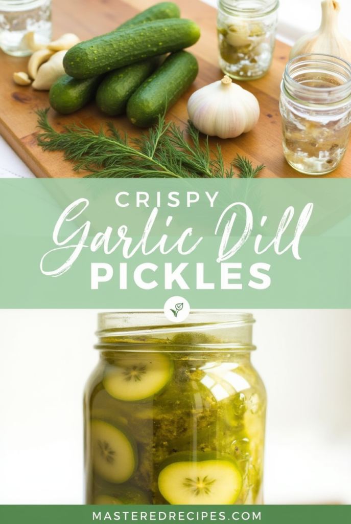 A bright, inviting close-up of Crispy Garlic Dill Pickles in mason jars, with fresh cucumbers and dill in a rustic prep setting. Includes annotated keywords like Crunchy Pickles and Dill Pickle Brine Recipe for strong SEO and accessibility.