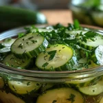 Finished cucumber vinegar salad with sliced cucumbers, bright vinegar sheen, and fresh herbs, offering a refreshing, light dish.