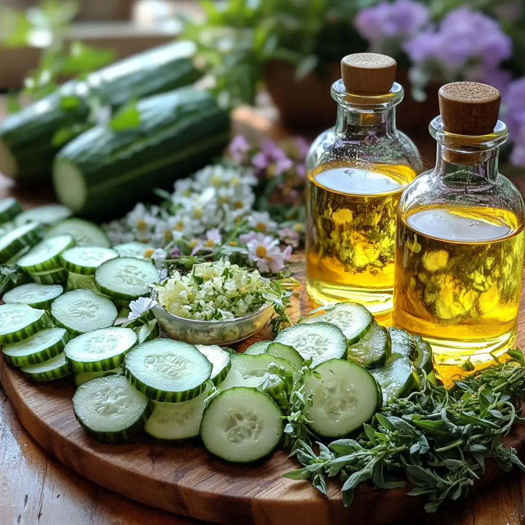 Preparation of cucumber vinegar salad with fresh cucumbers, vinegar, and herbs. Tangy and crisp side dish ideal for summer meals.