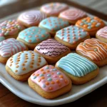 Close-up of finished decorated back to school sugar cookies on a white plate with vibrant icing designs like apples, school supplies, and cheerful sprinkles