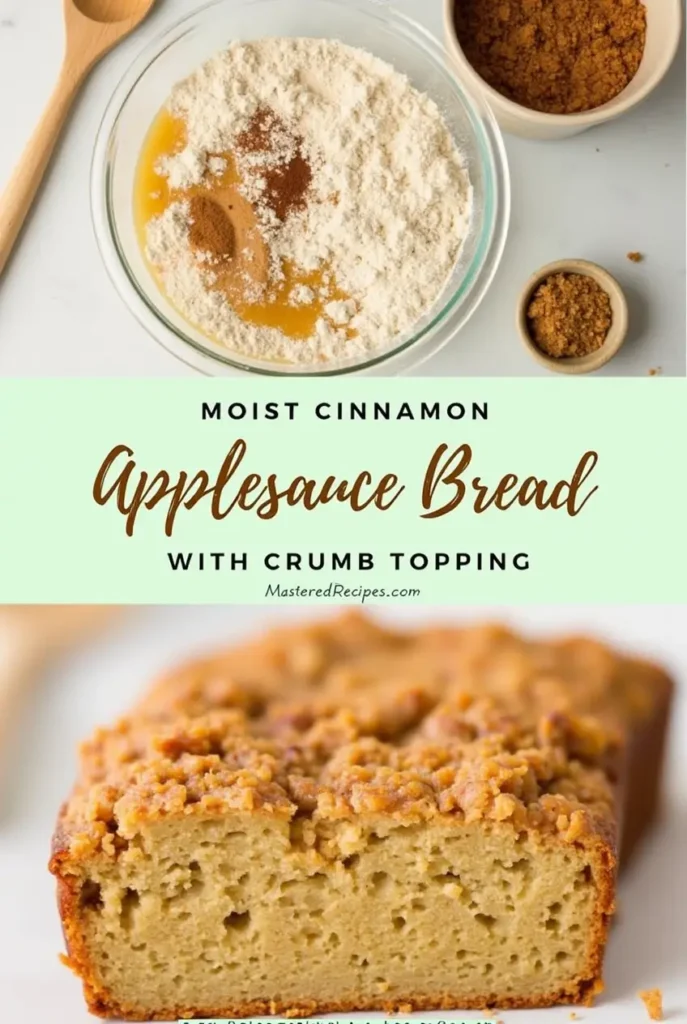 A cozy loaf of cinnamon applesauce bread with a crumbly streusel topping sits sliced on a white plate. Perfect for fans of applesauce bread and cinnamon applesauce bread recipes.