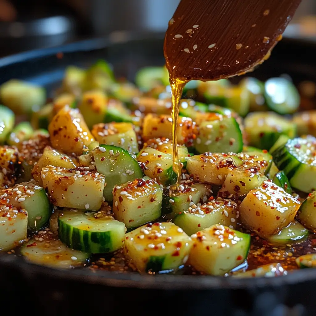 Preparing spicy TikTok Korean cucumber salad with fresh cucumbers, chili flakes, and sesame oil, perfect for adding a bold flavor to your summer meals.