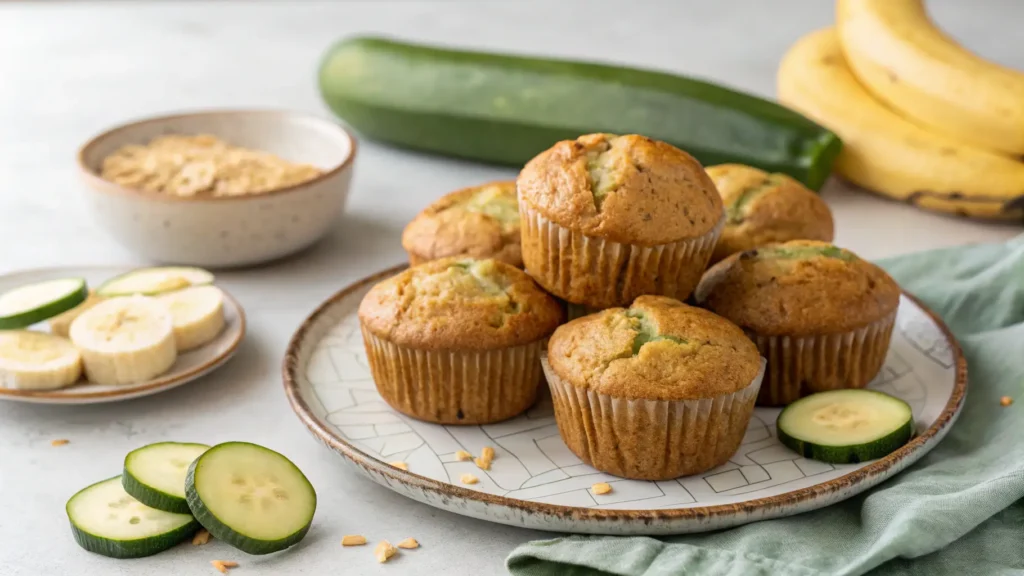 Banana zucchini muffins, soft and golden-brown
