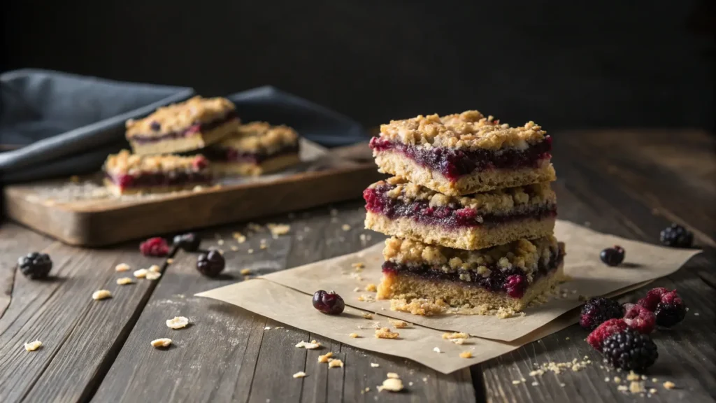 black raspberry crumble bars on wooden board