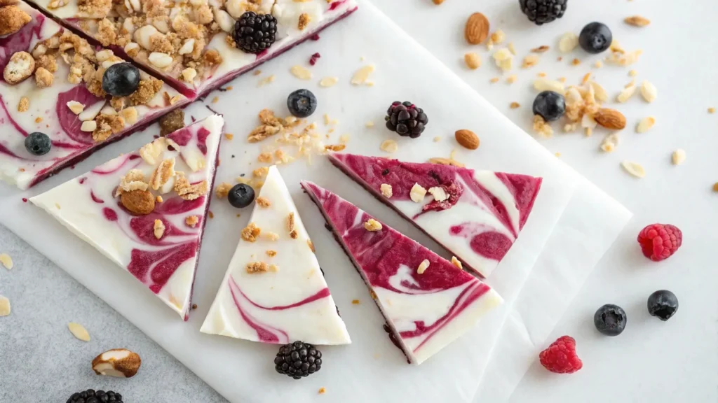 black raspberry swirl frozen yogurt bark pieces