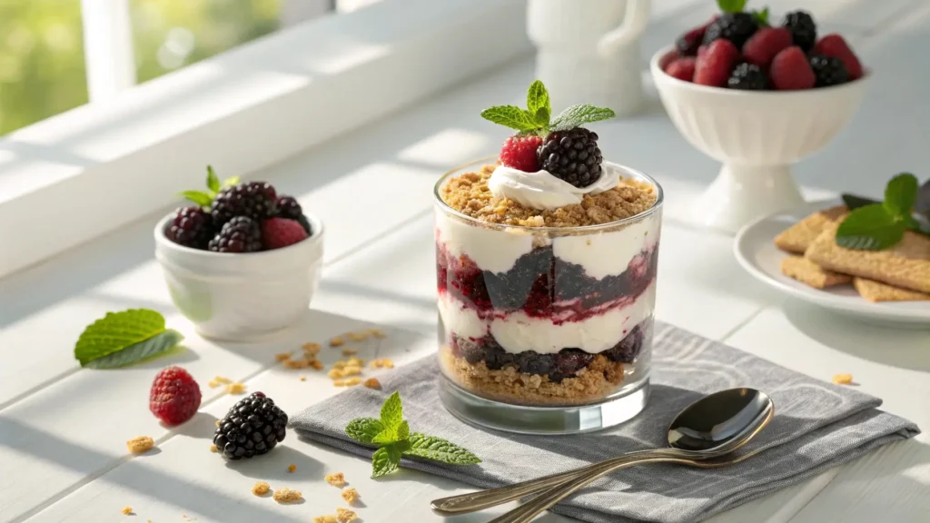 black raspberry parfait in clear glass with cream