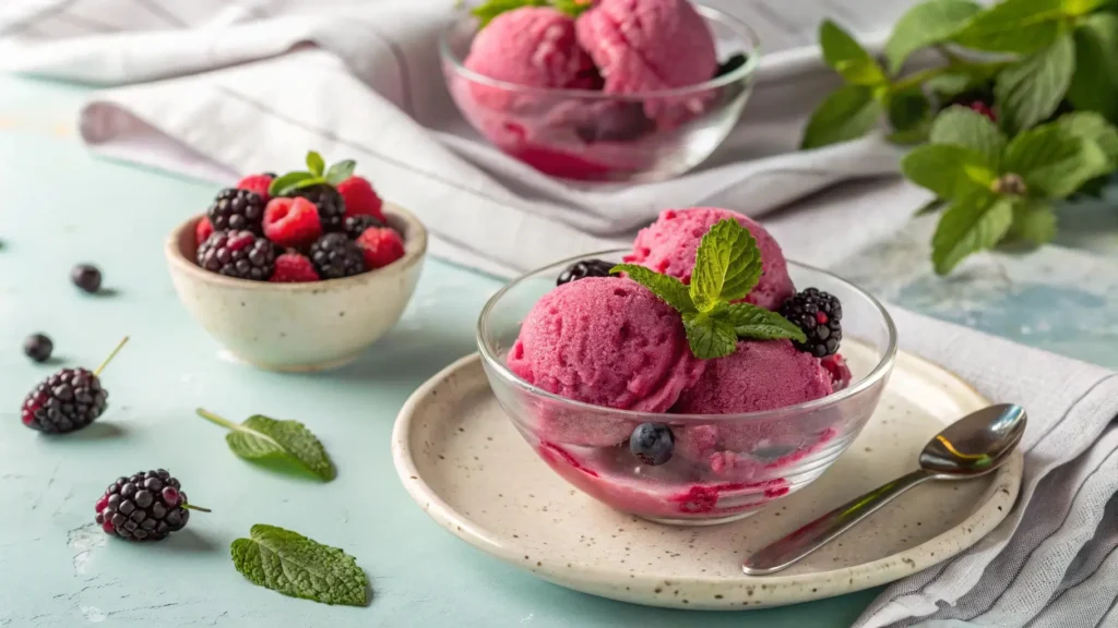 scoop of black raspberry sorbet with mint garnish