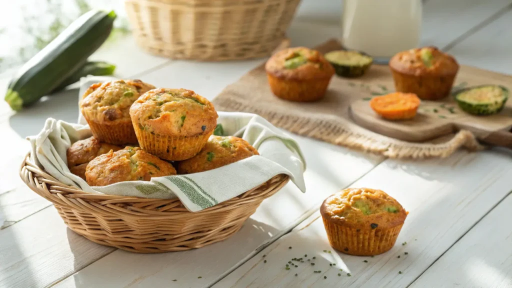 Freshly baked Carrot Zucchini Muffins with golden tops and visible veggie flecks