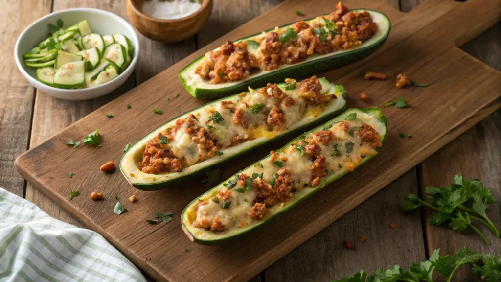 Cheesy ground turkey zucchini boats on wooden board