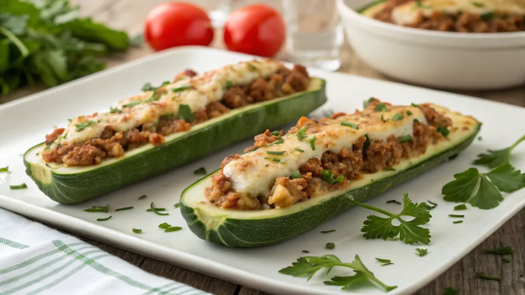 Cheesy ground turkey zucchini boats, golden and bubbly