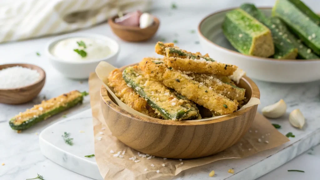 Crispy Garlic Parmesan Zucchini Fries in air fryer