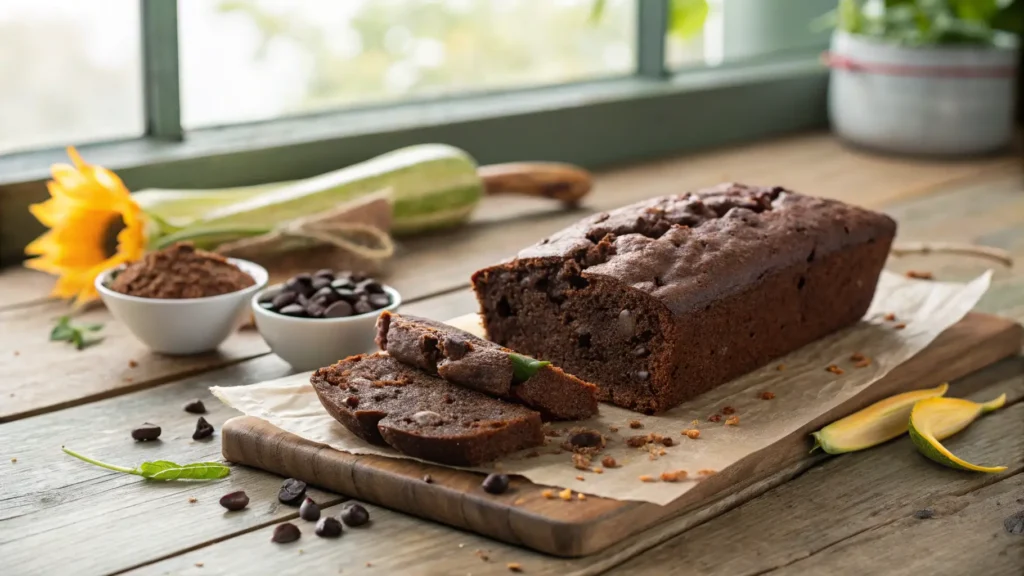 Slice of moist double chocolate zucchini bread with melty chocolate chips