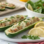 Served cheesy zucchini boats with herbs