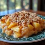 Golden Peach Crisp with Oatmeal Topping, with crispy oats on top and juicy peach filling, perfect for a summer dessert.