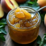 Jar of Vanilla Peach Jam, with a spoonful of jam beside it, showcasing the vibrant color and texture of this homemade summer treat.