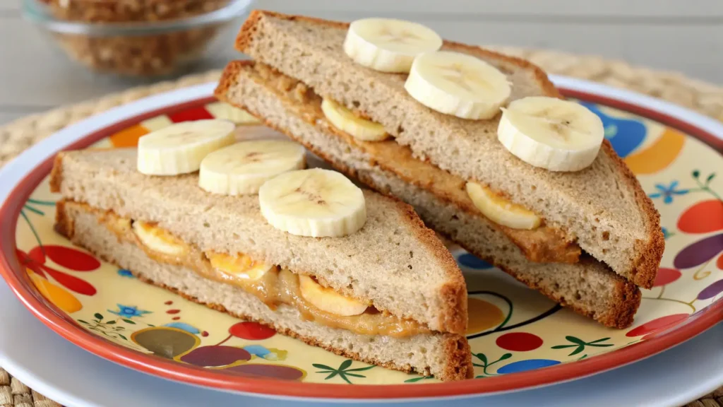 Fruit and nut butter sandwich with banana slices
