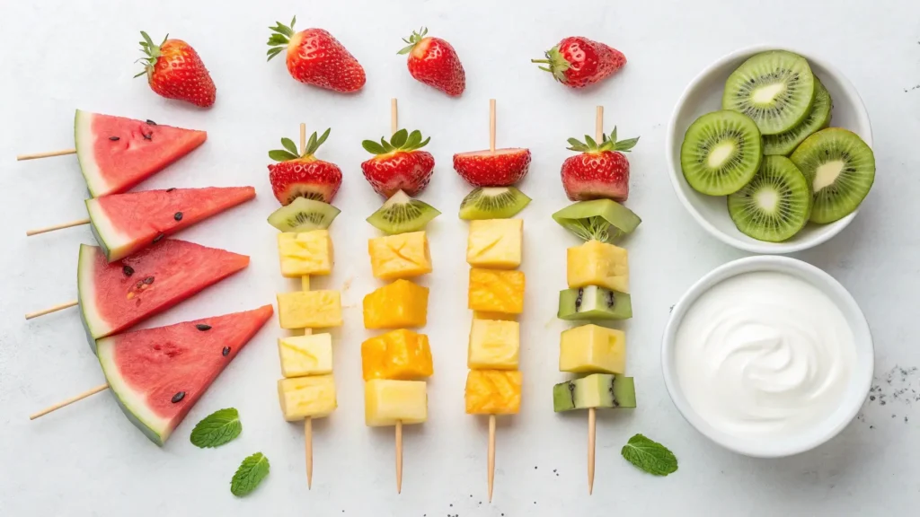 Fruit Skewer Ingredients and Dip Setup