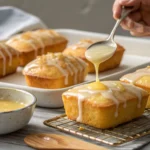 Pouring lemon glaze over mini loaves