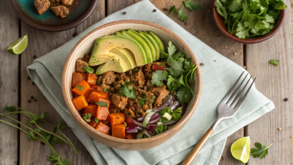 Healthy Ground Turkey Sweet Potato Bowl overhead view