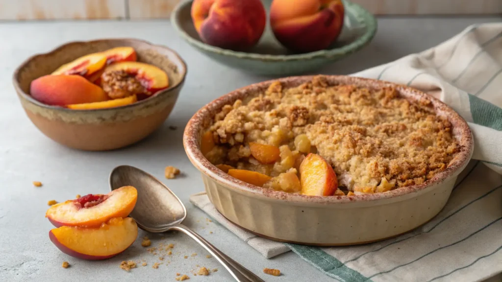 Healthy peach crisp without oats, baked golden-brown