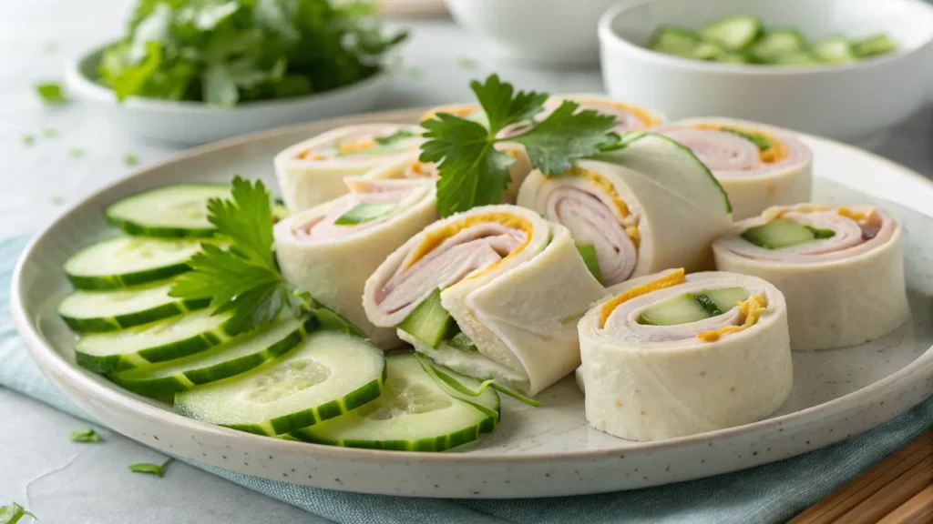 Healthy turkey and cheese roll-ups with cucumber