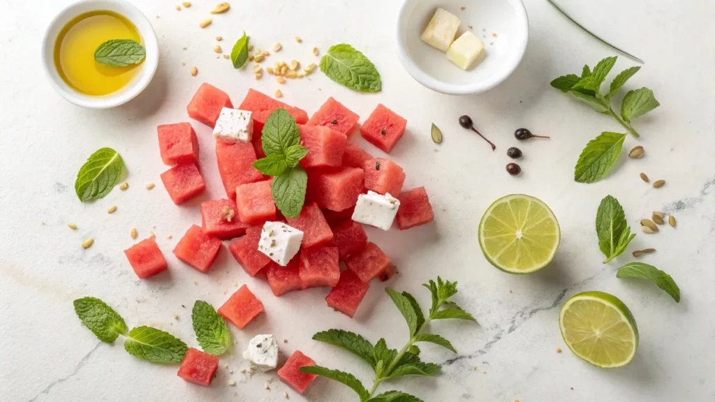 ingredients for watermelon mint feta salad