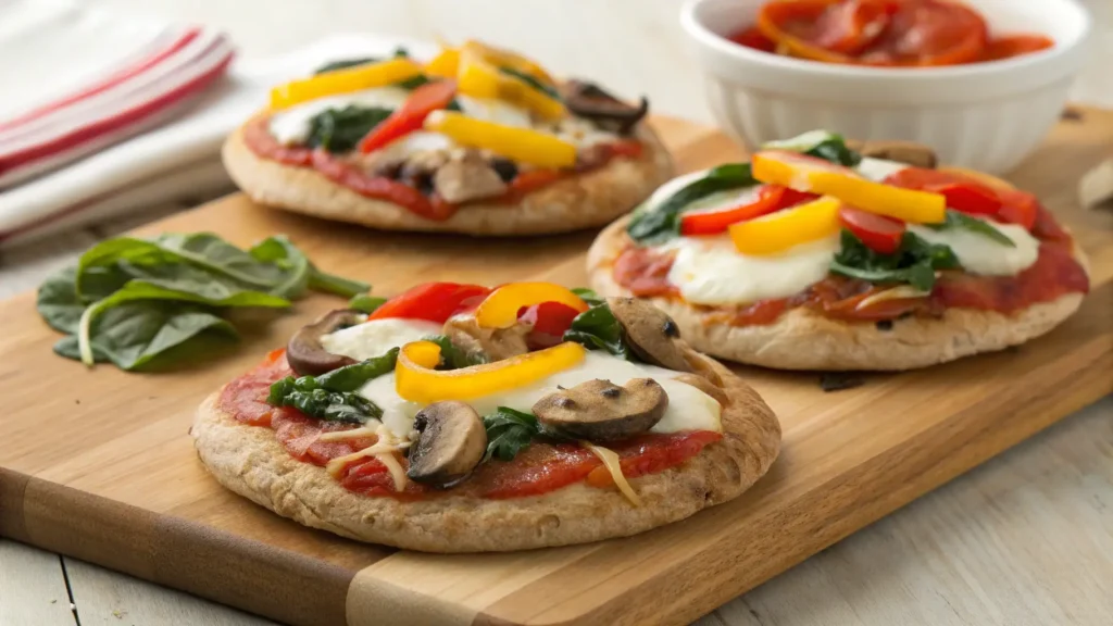Mini veggie pizzas with colorful toppings