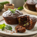 Cut-open moist chocolate zucchini muffin showing fudgy interior with zucchini strands