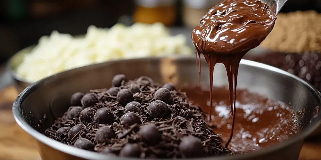 Close-up of shredded zucchini and melted chocolate being mixed into the dry ingredients for moist zucchini brownies.