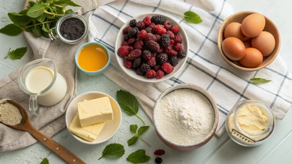Mulberry muffin ingredients flat lay