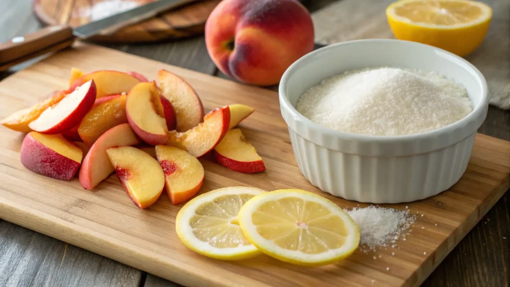 Ingredients for nectarine jam: nectarines, sugar, lemon